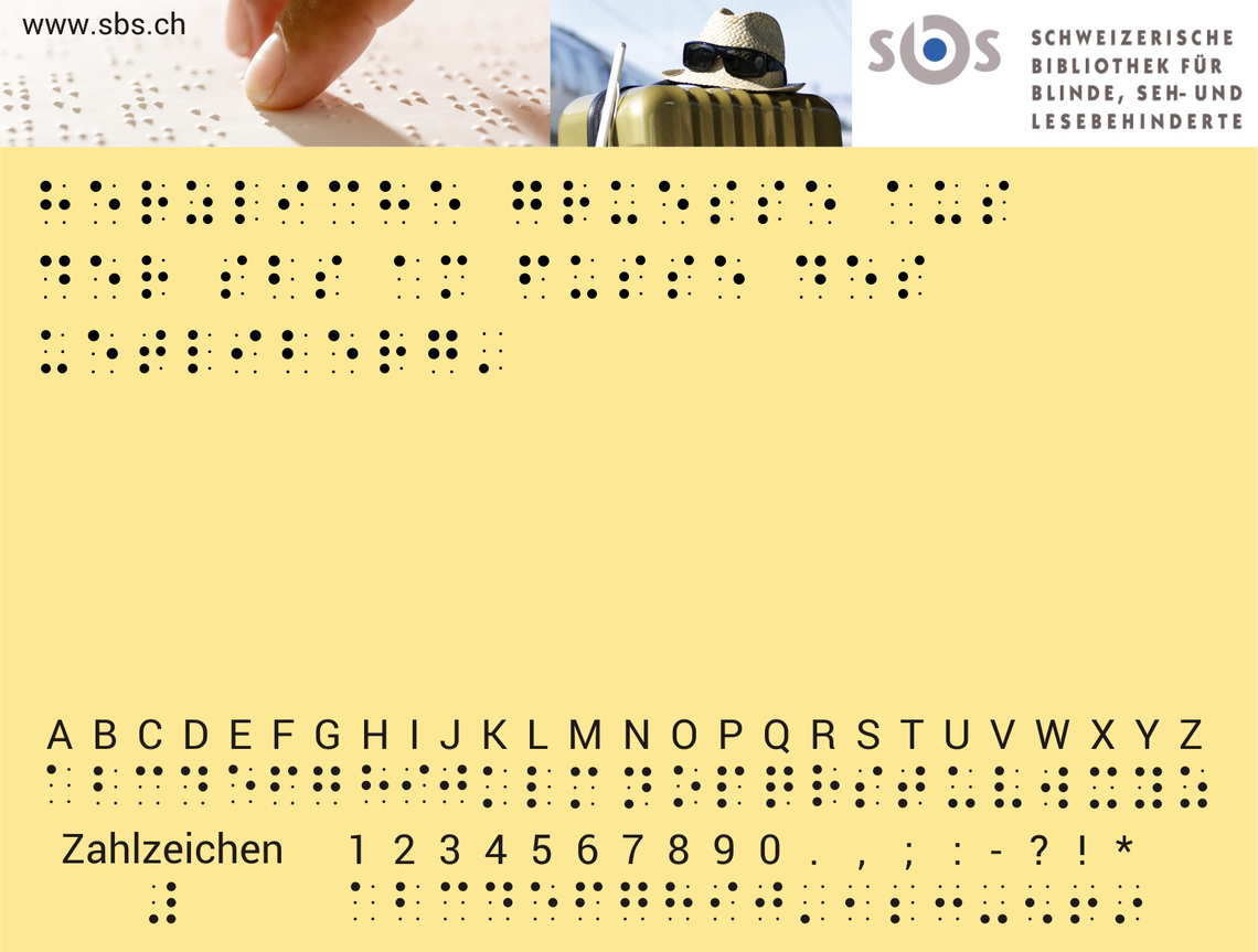 Abbildung einer Beispiel-Grusskarte: Oben ist der Grusstext in Braille abgebildet, unten auf der Karte das Alphabet und die Zahlen in Braille übersetzt.