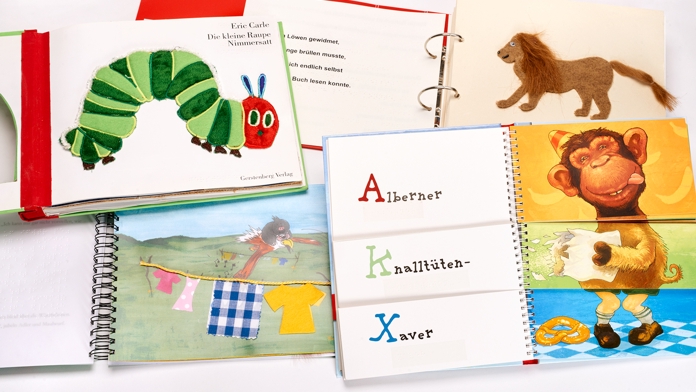 Verschiedene tastbare Kinderbücher wie «Die kleine Raupe Nimmersatt»
